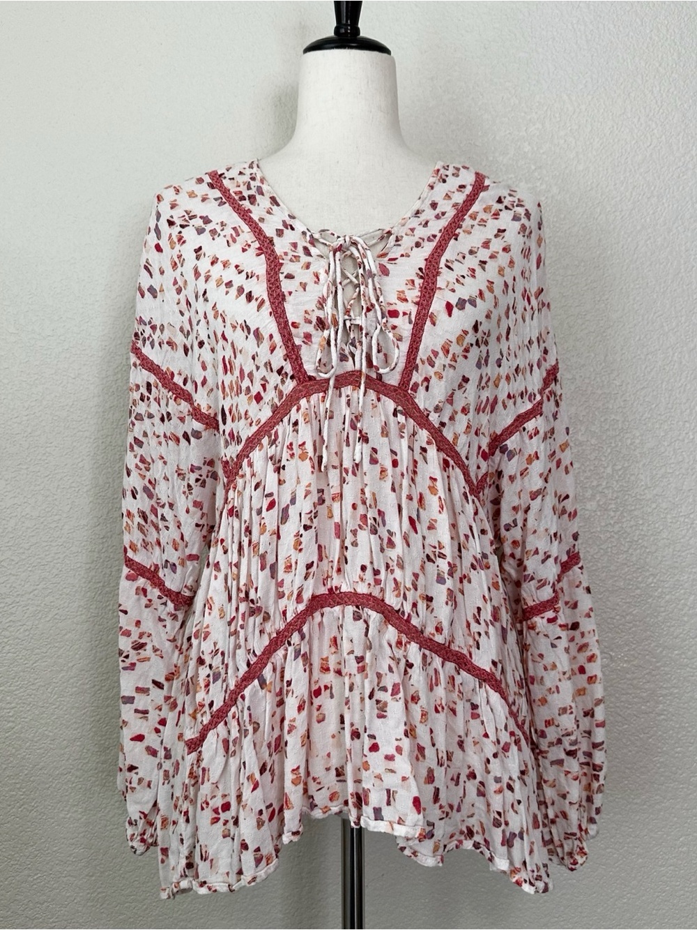 Miss Me Boho Woven Pointelle Lace Up Dolman Sleeves Peasant Top, Sz Medium